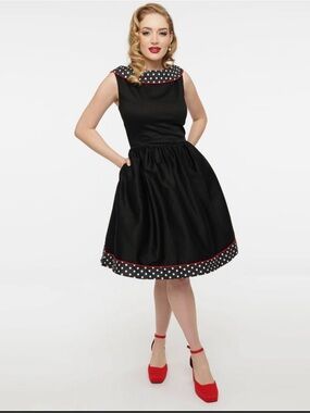 Vintage-Inspired Black Midi Dress with Polka Trim and Red Piping